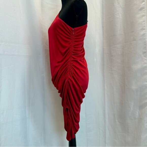 Le Chateau red one shoulder draped ruched web sleeve mini cocktail dress M - Picture 6 of 15